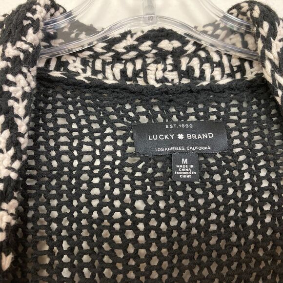 Lucky Brand Women's Long Open Front Cardigan Sweater Size M Black Tan - Picture 3 of 7